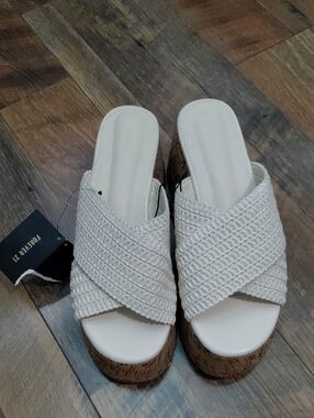 Forever 21 Cream Woven Cork Wedge Slides